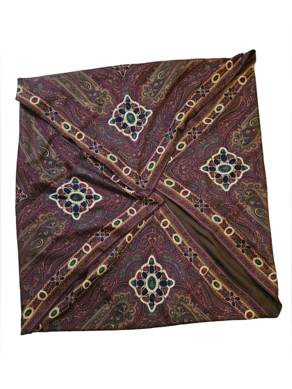Vintage CHANEL Bordeaux Multi Color Silk Scarf‎